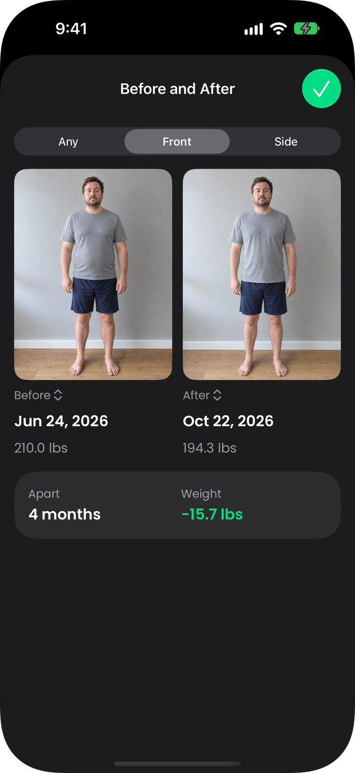 Before and after progress photos side by side, four months and 15.7 lbs apart