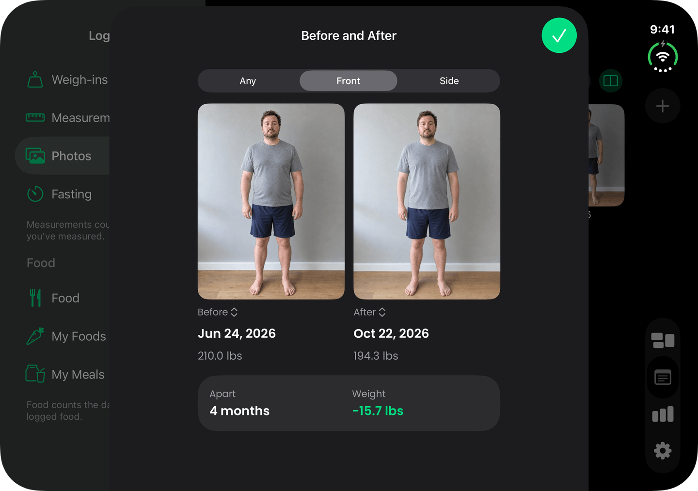 Photos in Weight Loss Tracking Buddy on iPhone Duo: Your first and latest photos, side by side.