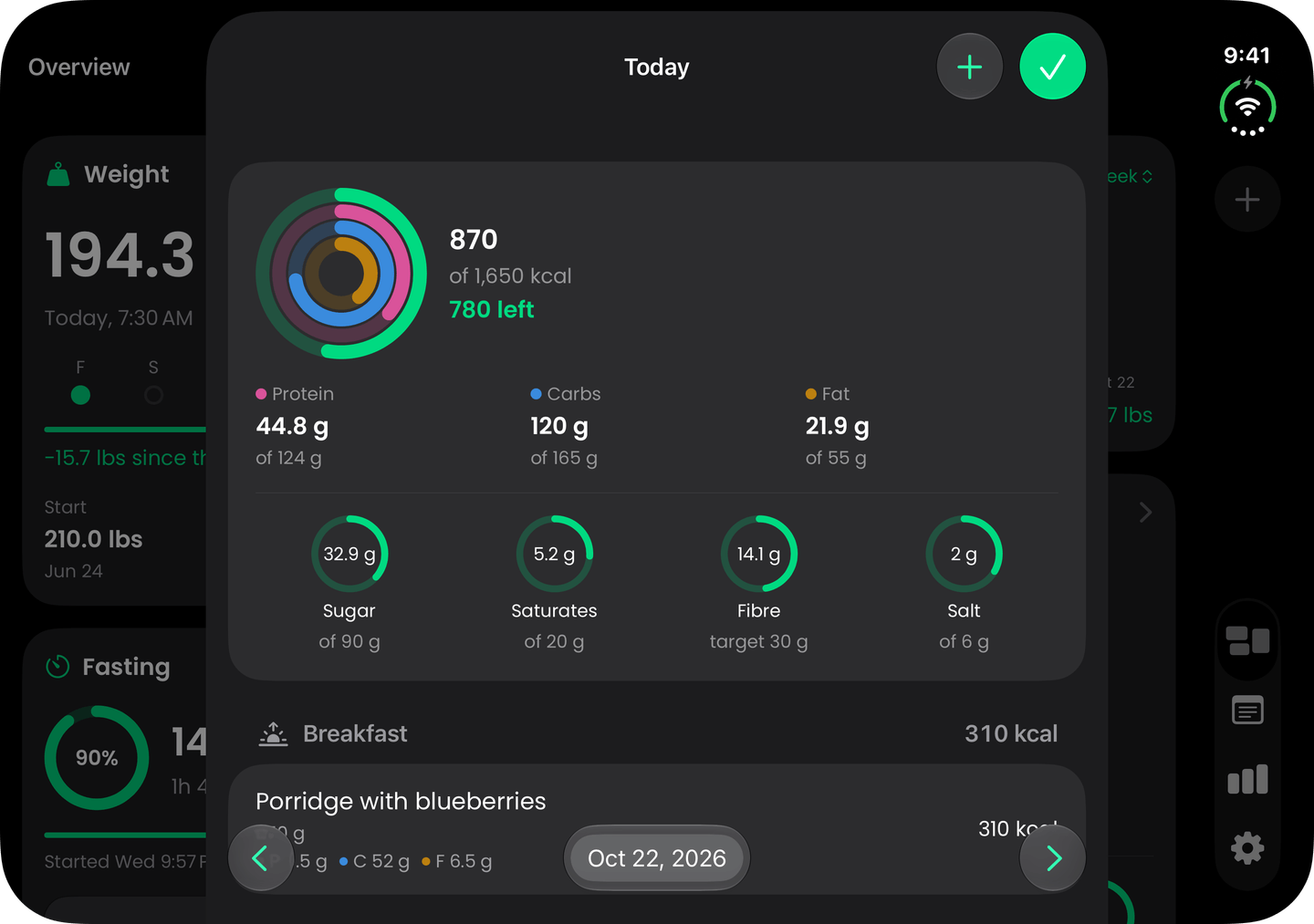 Food in Weight Loss Tracking Buddy on iPhone Duo: Today's rings and meals, over the Overview.
