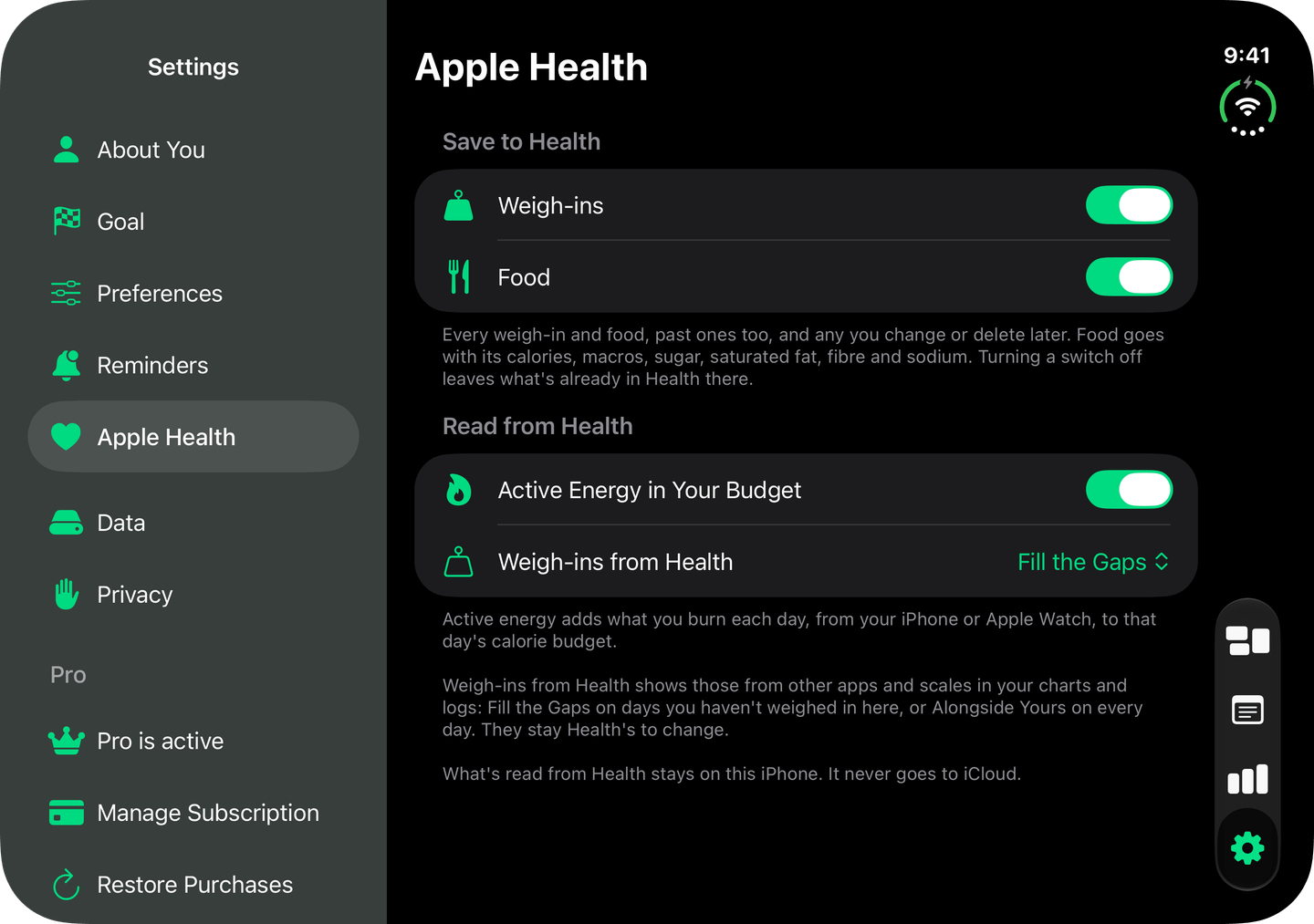 Apple Health in Weight Loss Tracking Buddy on iPhone Duo: Settings' list beside the page you're on.