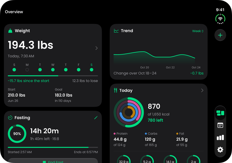 Weight Loss Tracking Buddy on iPhone Duo: the Overview across both halves of the inner display