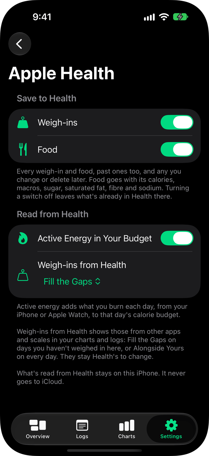 Apple Health settings: saving weigh-ins and food, and reading active energy and weigh-ins