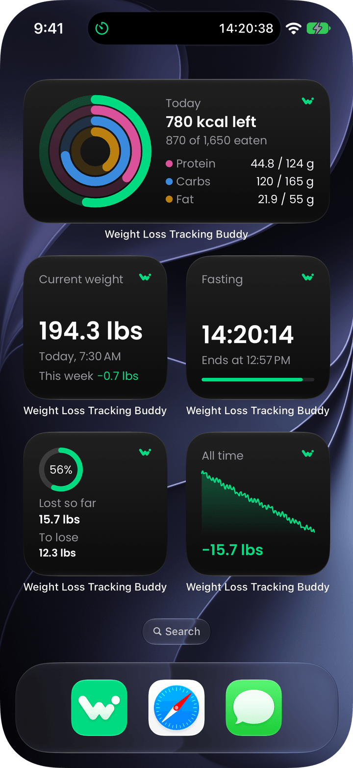Weight Loss Tracking Buddy widgets on the Home Screen: today's rings, current weight, the fast and progress