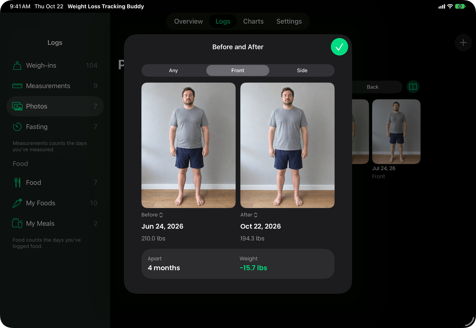 Photos in Weight Loss Tracking Buddy on iPad: Before and after, beside your photos.
