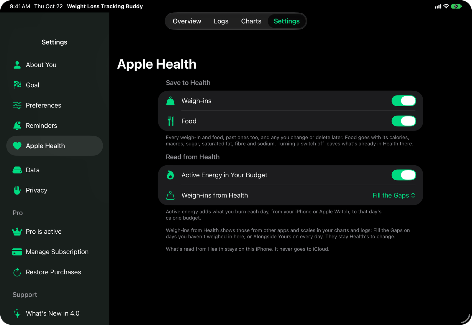 Apple Health in Weight Loss Tracking Buddy on iPad: Settings' list beside the page you're on.